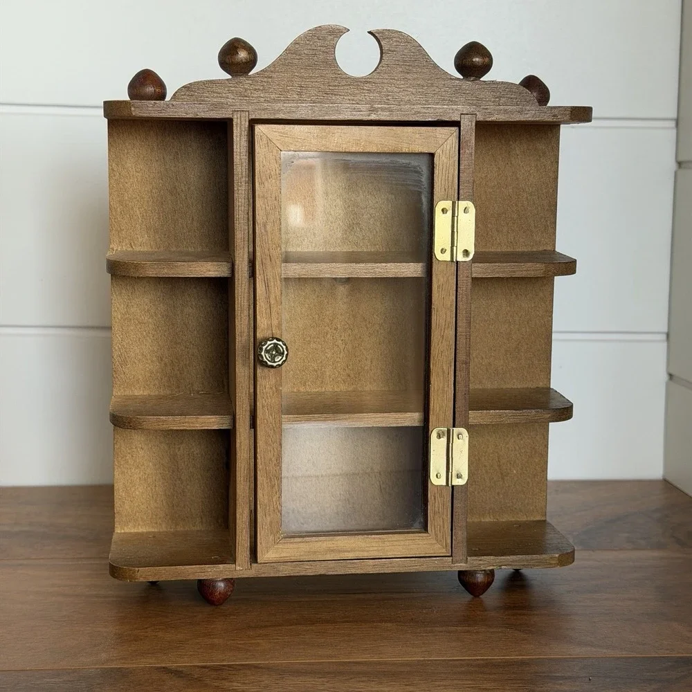 VTG Miniture Wood And Glass Footed Curio Cabinet with 3 Shelf MCM Trinkets *Flaw